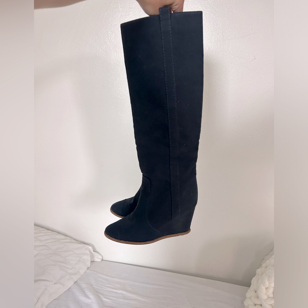 RARE Chanel wedge canvas navy knee boots size 8.5/38.5